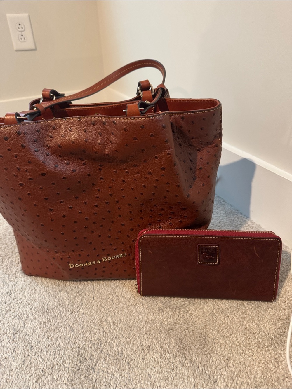Dooney & Bourke Brown Ostrich-Embossed Leather Tote with Matching Wallet